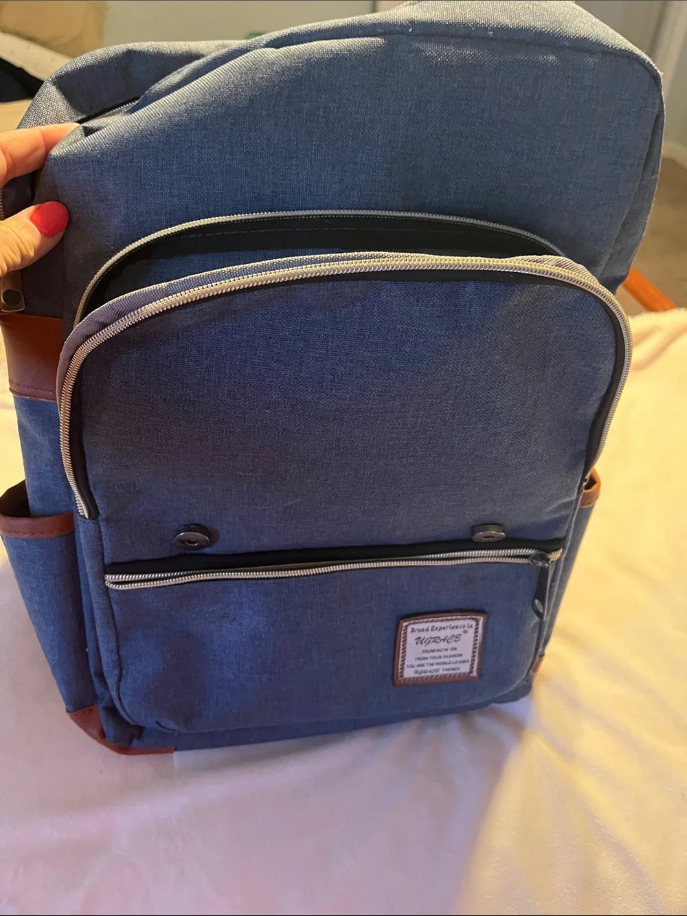 UGRACE Blue Canvas Backpack with Brown Accents